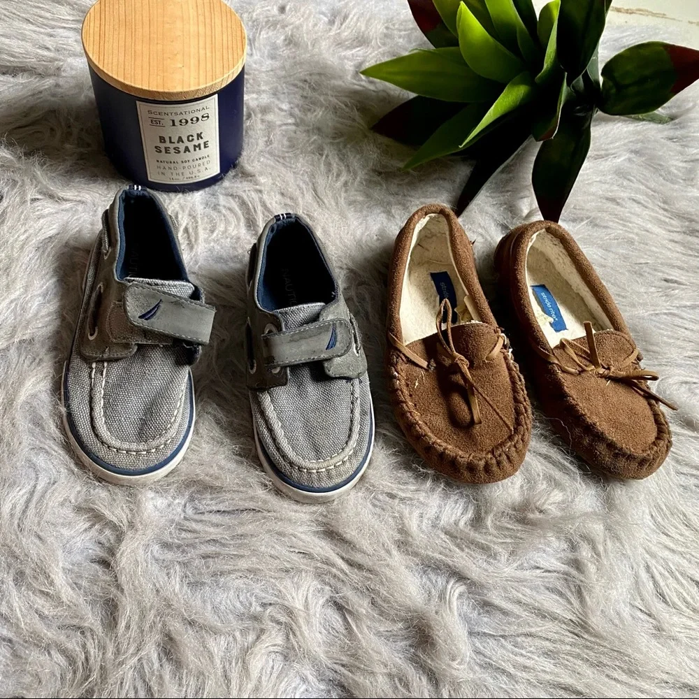 Nautica Toddler Boat Shoes Gray Blue Hook Loop Size 9 + Moccasins Lot